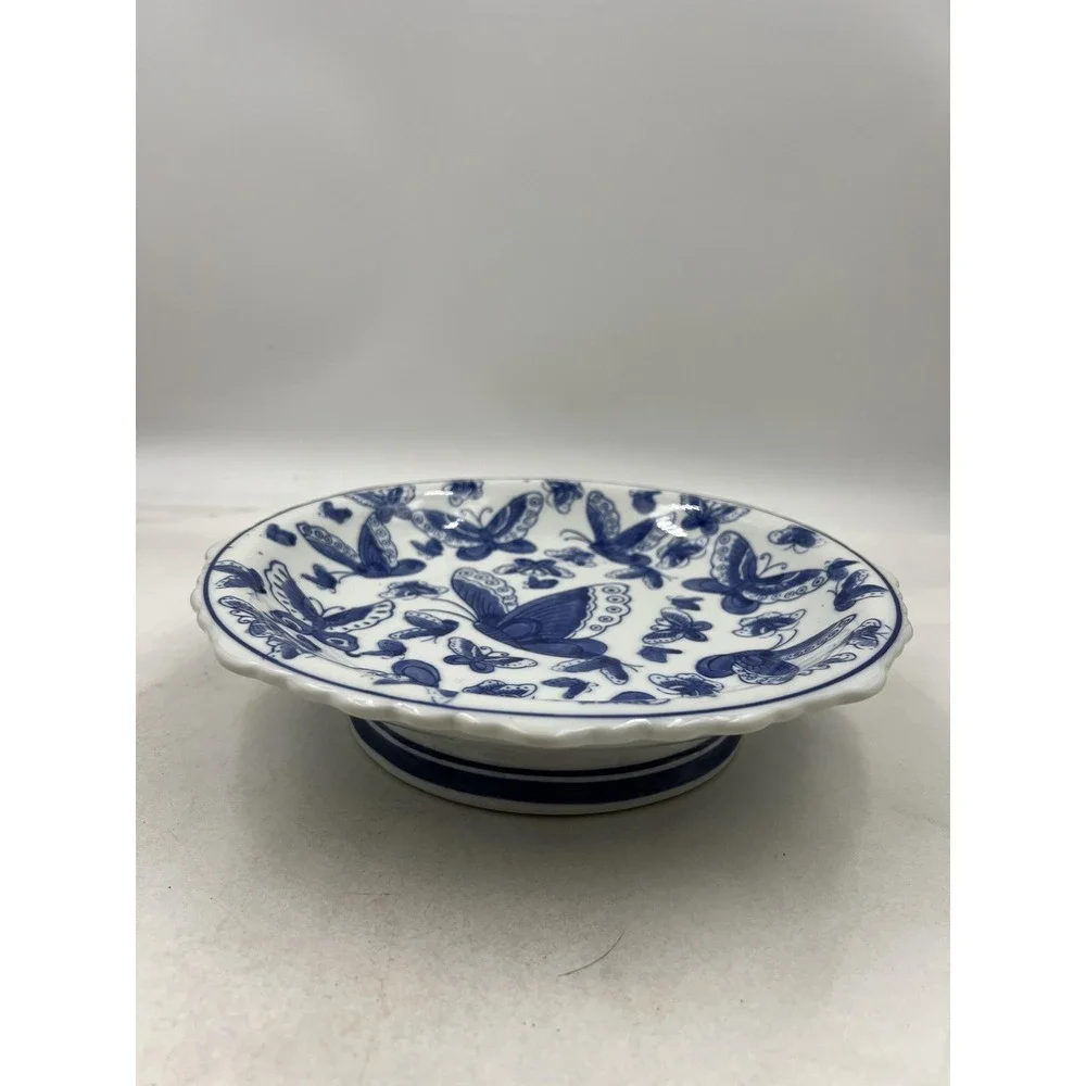 Vintage Pedestal Dish Scalloped Bowl Blue and White Butterfly Porcelain 9.5